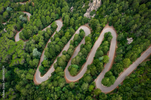 View from above, stunning aerial view of a serpentine road surrounded by green pine trees. Mount Limbara (Monte Limbara) Sardinia, Italy.
