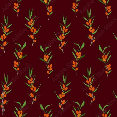 Sea buckthorn twigs sea buckthorn oil vector pattern seamless vector pattern sea buckthorn on a red background.