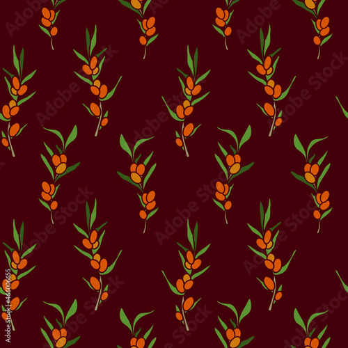 Sea buckthorn twigs,sea buckthorn oil vector pattern,seamless vector pattern sea buckthorn on a red background.