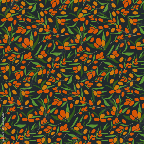 Vector pattern seamless sea buckthorn branches on a white background,beautiful sea buckthorn,sea buckthorn oil,sea buckthorn juice vector on a dark background