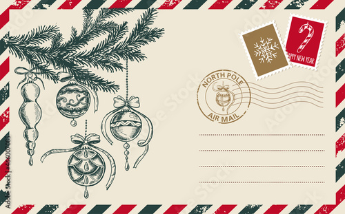 Christmas mail, postcard, hand drawn illustration.
