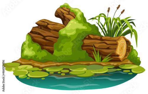 Stump in moss in marsh. Cartoon log in swamp jungle. Broken tree oak, salvinia, water lily. Isolated vector element on white background.