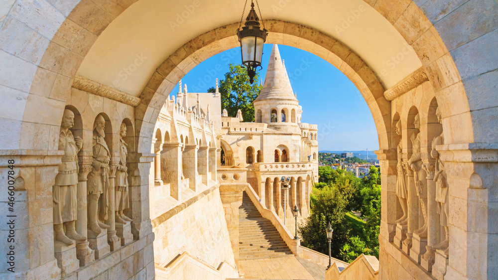 View on the Fisherman's Bastion. Arch gallery and Arpad-era warrior statues with staircase. Popular tourist attraction in Budapest, Hungary