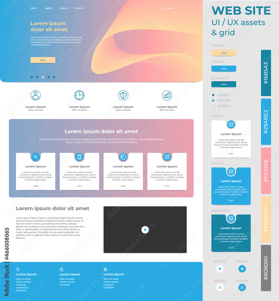 Web site UI design assets with isolated interactive elements, banner with abstract waves, color scheme, three main colours Web site UI design assets with isolated interactive elements, banner with abstract waves, color scheme, three main colours