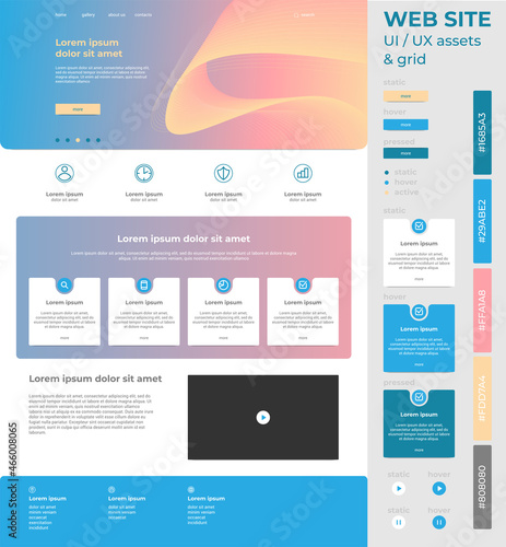 Web site UI design assets with isolated interactive elements, banner with abstract waves, color scheme, three main colours