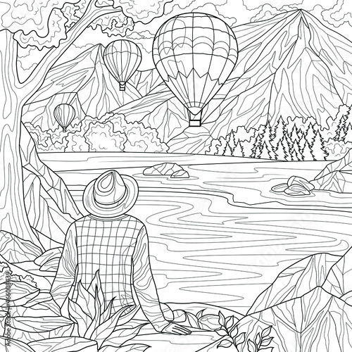 Tourist looks at balloons among the mountains.Coloring book antistress for children and adults. Illustration isolated on white background.Zen-tangle style. Hand draw
