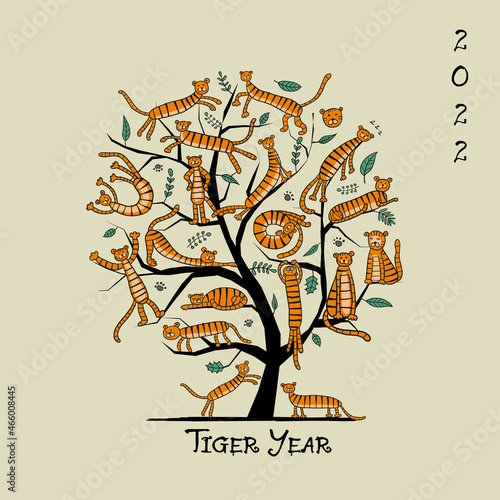 Tigers Tree, animal characters. Symbol of 2022 New Year. Design Template for ...