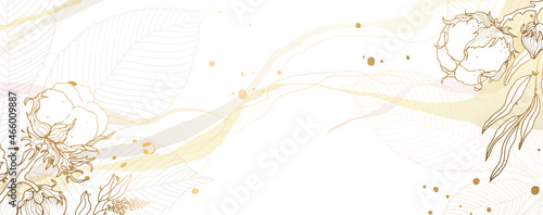 Luxurious golden wallpaper. Gold leaves and flowers of cotton on a white background, a picture with a shiny light texture. Modern art mural wallpaper. Splashes and watercolor stripes. Vector