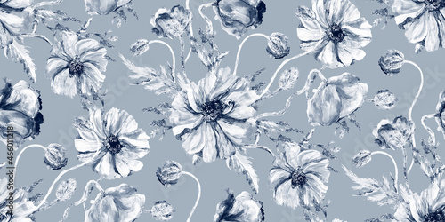 Seamless solid color light gray-blue floral pattern with poppies and buds painted with watercolor in vintage style for surface design textiles