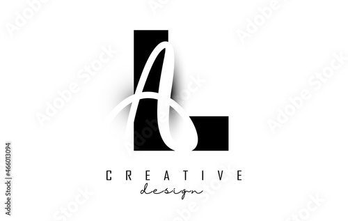 Letters LA Logo with a minimalist design. Letters L and A with geometric and handwritten typography.