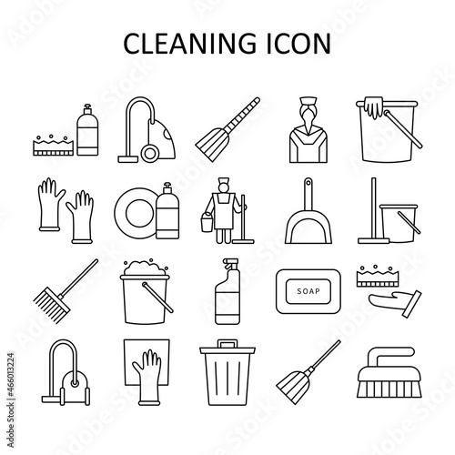 Vector illustration with cleaning icons - mop; panicle; service staff; maid; housemaid; cleaning woman; scrub; broom; dustpan; vacuum cleaner; vacuum; dishwashing; liquid; washing.