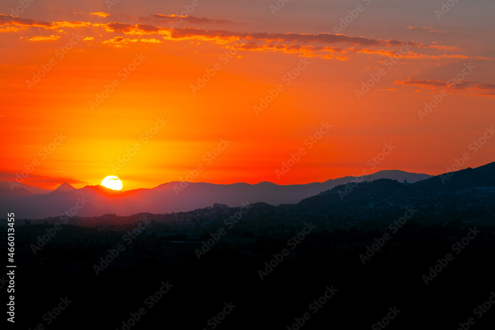 Beautiful Sunset Sunrise Above Dark Mountain Silhouette landscape