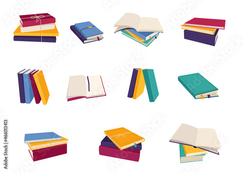 Stacks of hardback and paperback books. Fiction and educational literature. Flat vector illustration