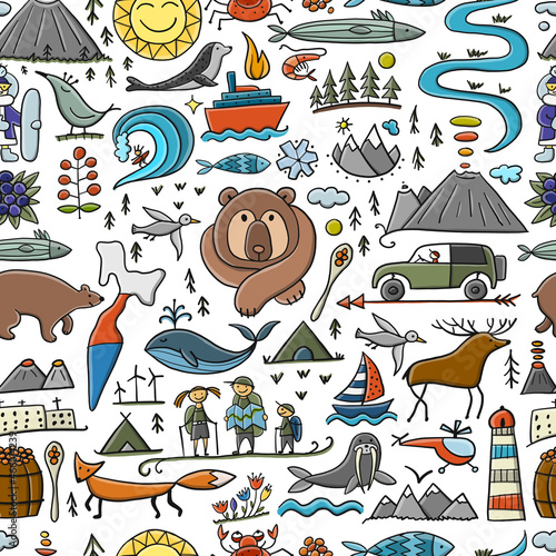 Travel to Peninsula Kamchatka. Eurasia, Russian Far East. Wild Nature and Animals. Seamless Pattern