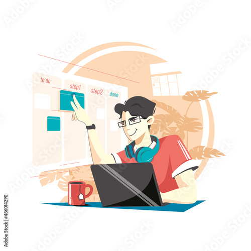 Man working at office moves the task to the kanban board. Employee manager or businessman sitting at desk, looking at laptop, writing notes, doing tasks. Effective time management, workplace, workflow