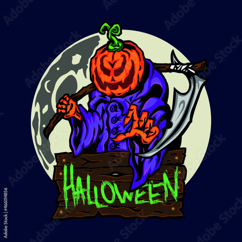 Scary pumpkin in a cloak with a scythe against the background of the moon