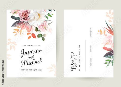 Blush pink roses, hydrangea, ivory peony vector design invitation frames