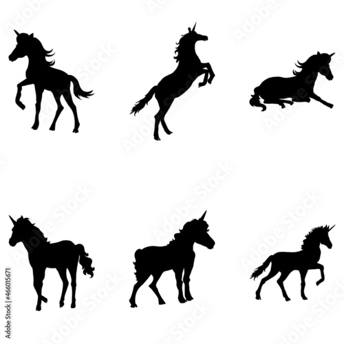 set of fine unicorn silhouettes - running  rearing and jumping magic horses