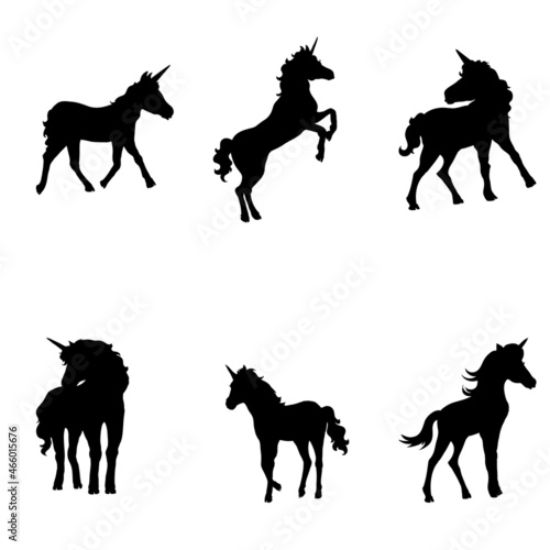set of fine unicorn silhouettes - running  rearing and jumping magic horses