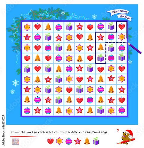 Logic puzzle for children and adults. Draw the lines so each piece contains 6 different Christmas toys. Educational game. Page for kids brain teaser book. Developing counting skills. Play online.