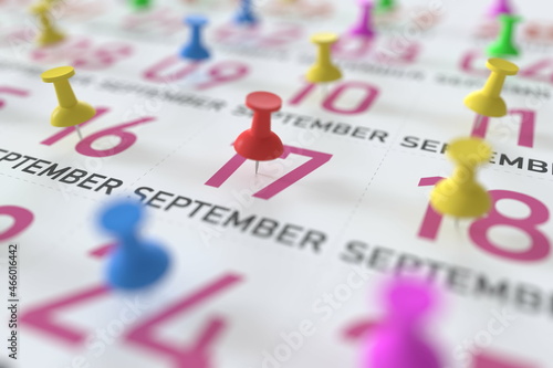 September 17 date and push pin on a calendar, 3D rendering