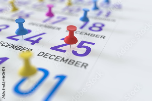 December 25 date and push pin on a calendar, 3D rendering