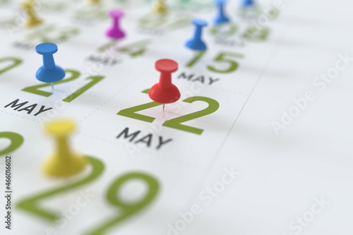 May 22 date and push pin on a calendar, 3D rendering