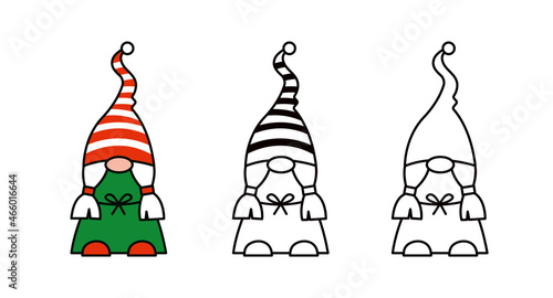 Cute girl gnome or dwarf in striped hat and dress isolated illustrations. Vector magic cartoon characters for Christmas spring or summer design. Line and color icons. Icon set