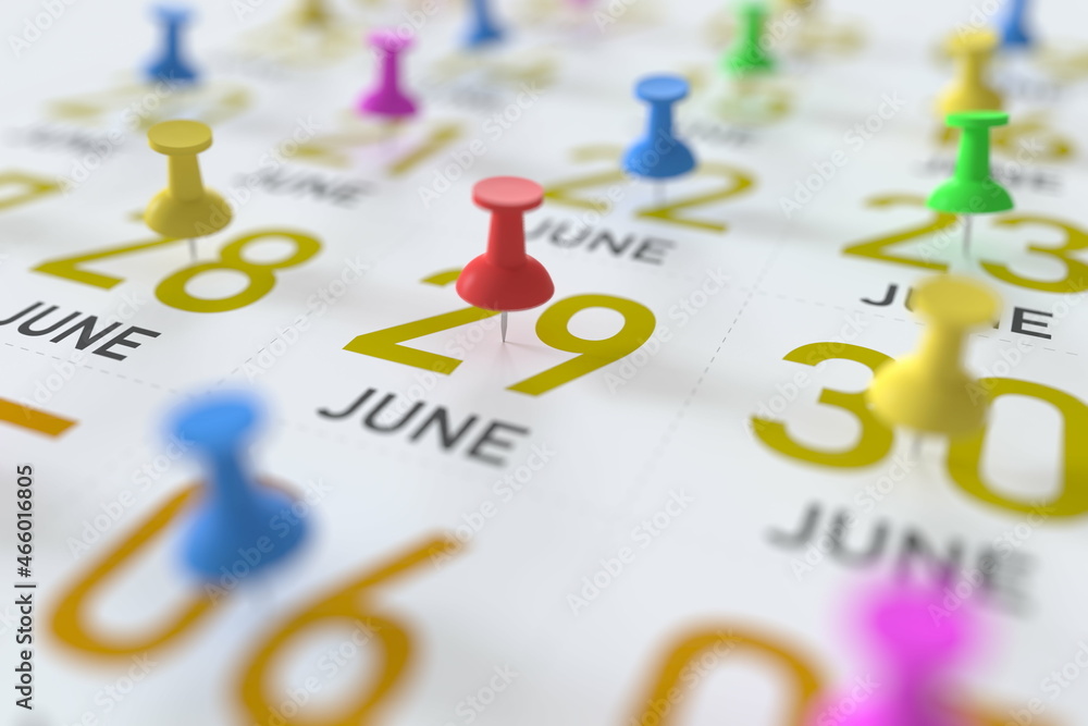 June 29 date and push pin on a calendar, 3D rendering June 29 date and push pin on a calendar, 3D rendering