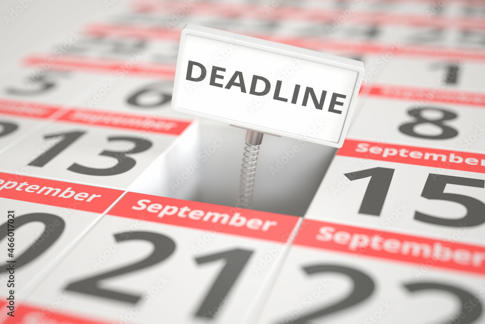 DEADLINE notice on September 14 in a calendar, 3d rendering DEADLINE notice on September 14 in a calendar, 3d rendering