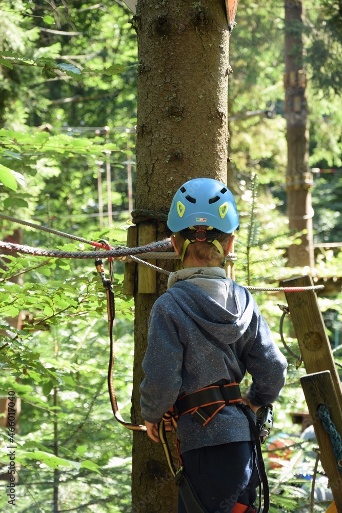 Naklejka premium Kid in adventure rope park, boy climbs on rope between trees, forest adventure park in summer vacation. Little boy in helmet and safety equipment.