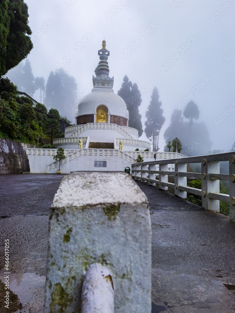 buddhist shanti stupa covered with cloud at morning from different angle