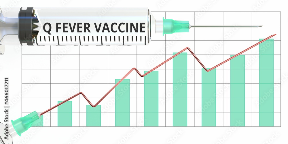 Syringe with Q FEVER VACCINE text and conceptual rising graph. 3D rendering Syringe with Q FEVER VACCINE text and conceptual rising graph. 3D rendering