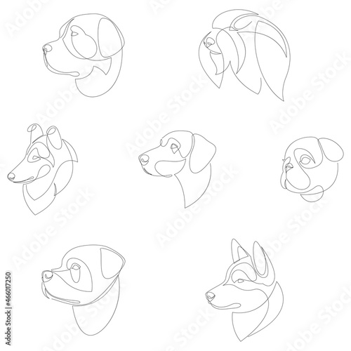 Breeds of dogs drawn in minimal style set. One line dog portrait set. Vector illustration.