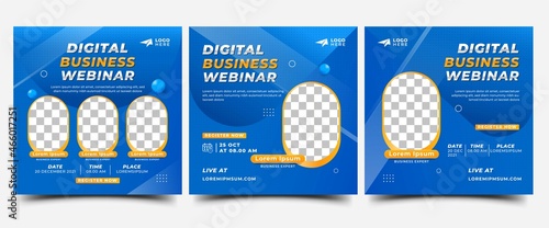 Set of Social media post template design for webinar event. Modern square banner with place for the photo. Usable for social media post, banner, and website.