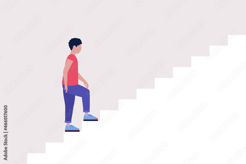 Character walking up the stairs