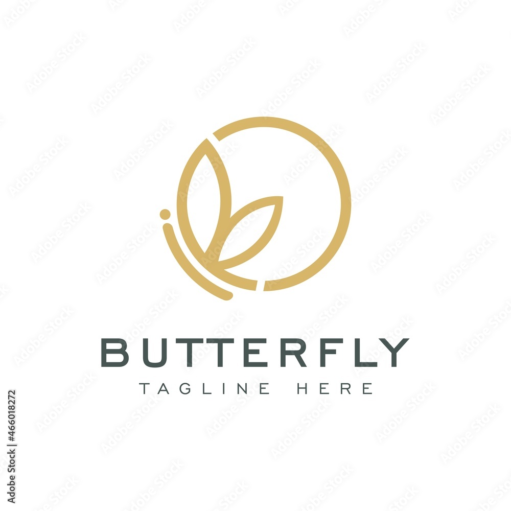 Beauty Butterfly Logo. Gold Butterfly inside Circle with simple minimalist line art monoline style. Design Vector Icon Illustration Beauty Butterfly Logo. Gold Butterfly inside Circle with simple minimalist line art monoline style. Design Vector Icon Illustration