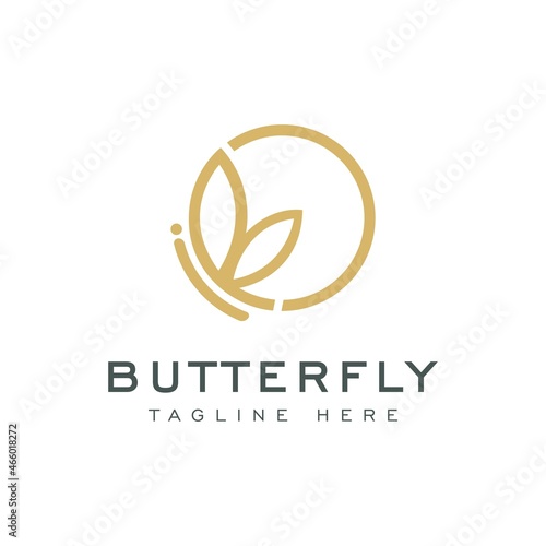 Beauty Butterfly Logo. Gold Butterfly inside Circle with simple minimalist line art monoline style. Design Vector Icon Illustration