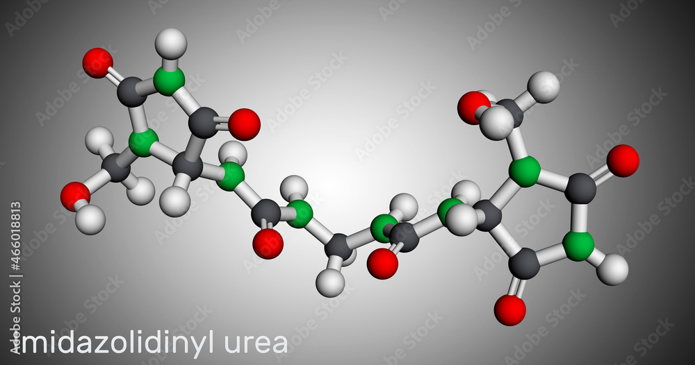 Imidazolidinyl urea, imidurea molecule. It is antimicrobial preservative used in cosmetics, formaldehyde releaser. Molecular model. 3D rendering