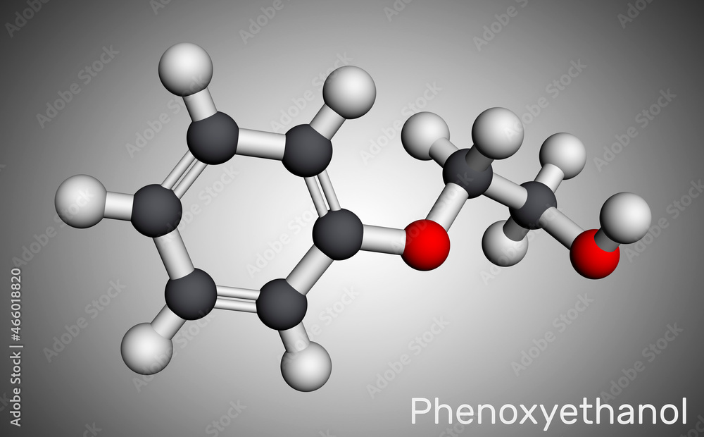 Phenoxyethanol primary alcohol molecule. It is glycol ether, antiinfective  agent, preservative, antiseptic, solvent. Molecular model. 3D rendering  Stock Illustration