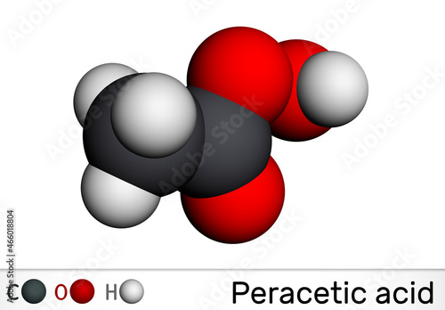 Peracetic acid, peroxyacetic acid, PAA, organic peroxide molecule. Bactericide, fungicide, disinfectant, antimicrobial agent, polymerization catalyst. Molecular model. 3D rendering photo