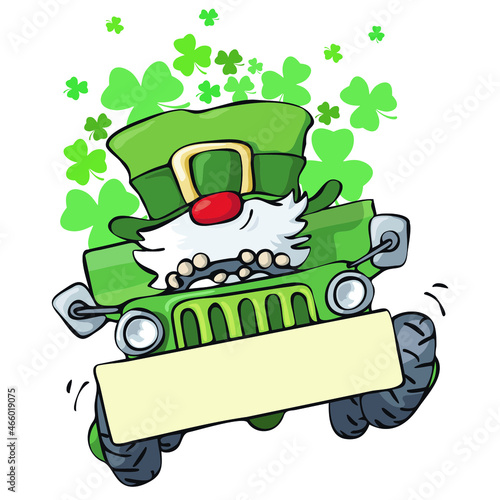 cute leprechaun driving truck full of shamrocks