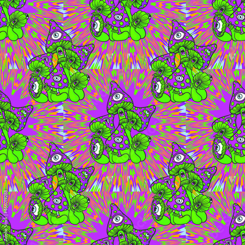 seamless pattern with fly agarics with eyes, psy art