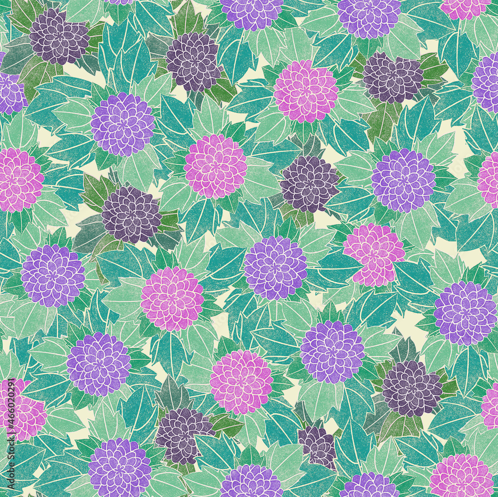 Green, pink and purple flower and leaf pattern Green, pink and purple flower and leaf pattern
