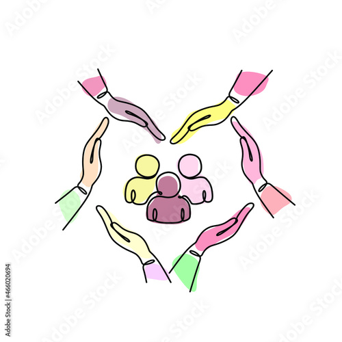 Inclusion and diversity concept. Inclusive workplace. Employee protection icon. The hands form the heart. Inside the heart is an icon of employees.