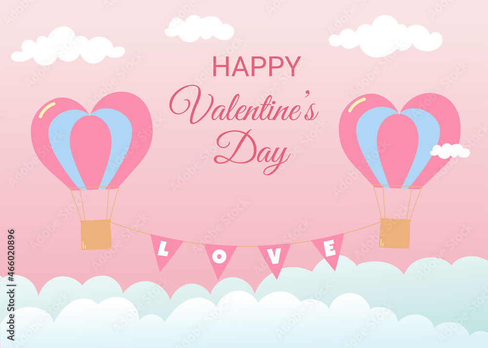 Valentine's Day greeting card. Air balloons in heart shape flying in the sky. Pink background with white and blue clouds. 