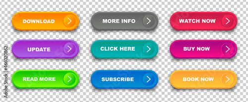 Set of vector modern trendy flat buttons. Trendy colors with transparent background. Read More, learn more, buy now, download, watch now, book more colorful button set