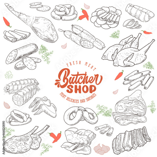 Set of meat products and meat delicacies. Sausages, ham, bacon, lard, salami in sketch style.