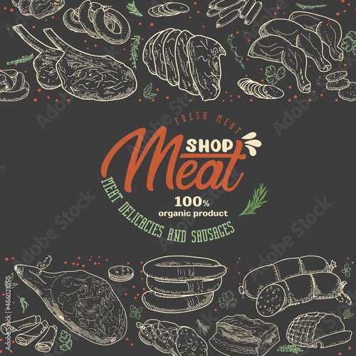 A set of meat products on a blackboard with chalk. Sausages, ham, bacon, lard, salami in sketch style.