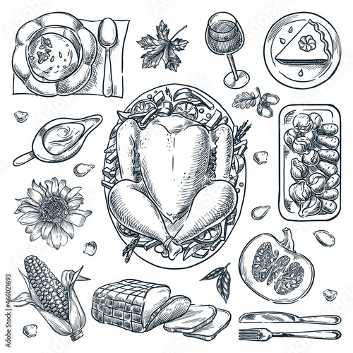 Thanksgiving holiday dishes top view illustration. Vector hand drawn sketch menu design elements on white background.